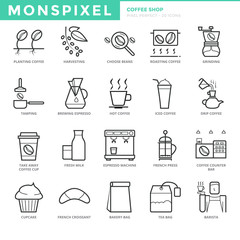Flat thin line Icons set of Coffee Shop. Pixel Perfect Icons. Simple mono linear pictogram pack stroke vector logo concept for web graphics.