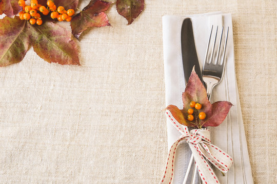 Thanksgiving autumn fall dining table setting copy space toning background