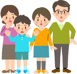 驚いた表情の4人家族