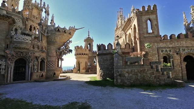 Colomares castle 180 degrees panoramic, a fairytale castle to Christopher Columbus. Benalmadena, near Malaga in Andalusia, Spain.
