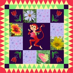 Festive bandana print or beautiful panel with cute monkey and bright flowers. Chinese zodiac sign - year of the monkey.