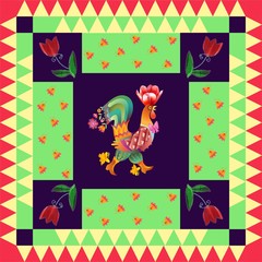 Year of the rooster. Festive bandana print or beautiful panel with cute rooster and bright flowers. Chinese zodiac sign. Childish design.