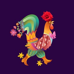 Beautiful rooster with rose flower - chinese symbol of 2017 year