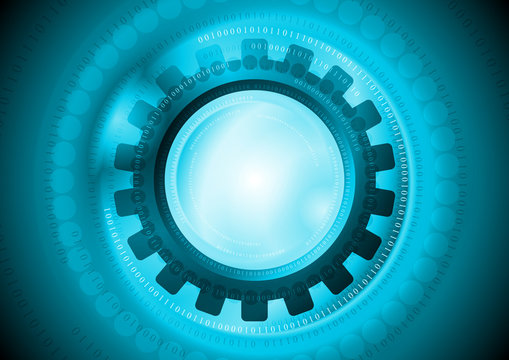 Cyan gear and binary code tech background