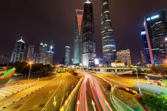 Night view of Century Avenue and skyscrapers, Shanghai, China