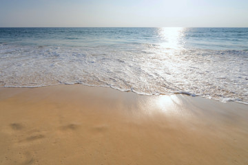 Sea beach blue sky sand sun daylight relaxation landscape viewpoint for design postcard and calendar in Thailand, Blurred background