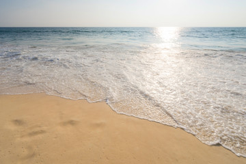 Sea beach blue sky sand sun daylight relaxation landscape viewpoint for design postcard and calendar in Thailand, Blurred background