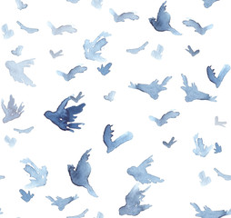 Seamless pattern with chaotic flying birds painted in blue watercolor on white isolated background