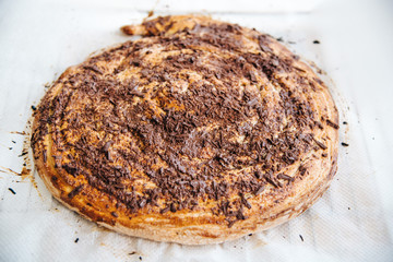 Homemade cake decorated with chocolate chips