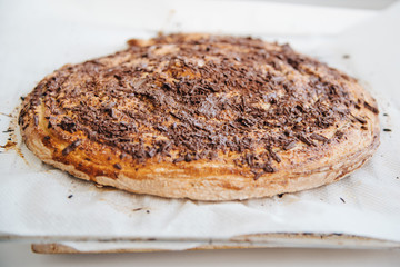Homemade cake decorated with chocolate chips