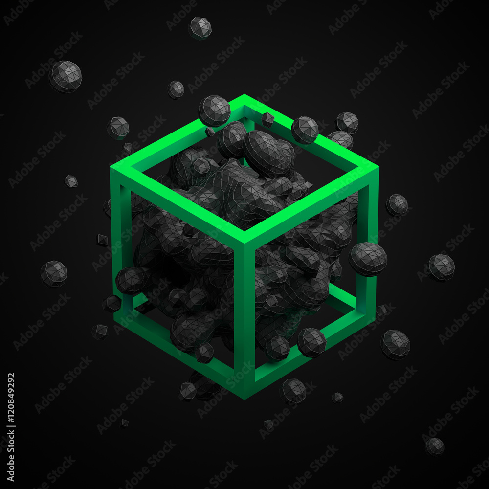 Poster abstract 3d rendering of chaotic low poly liquid in cube. background with dynamic polygonal fluid sp