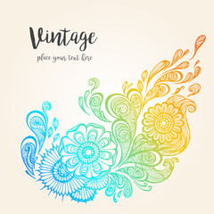 Hand-drawn Oriental floral with ethnic ornaments doodle pattern. Vector illustration Henna Mandala Zentangle stylized for Cover book or card, tattoo more. Design for spiritual relaxation for adults.