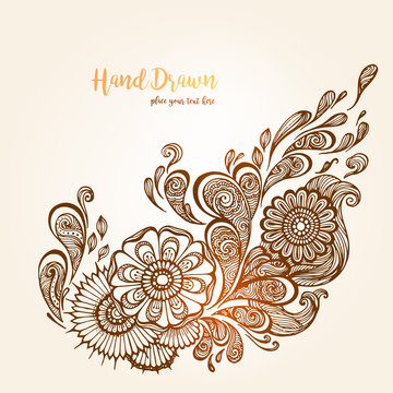 Hand-drawn Oriental floral with ethnic ornaments doodle pattern. Vector illustration Henna Mandala Zentangle stylized for Cover book or card, tattoo more. Design for spiritual relaxation for adults.