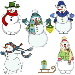 Snowmen collection isolated on white background. Vector illustration. Funny, cartoon characters.
