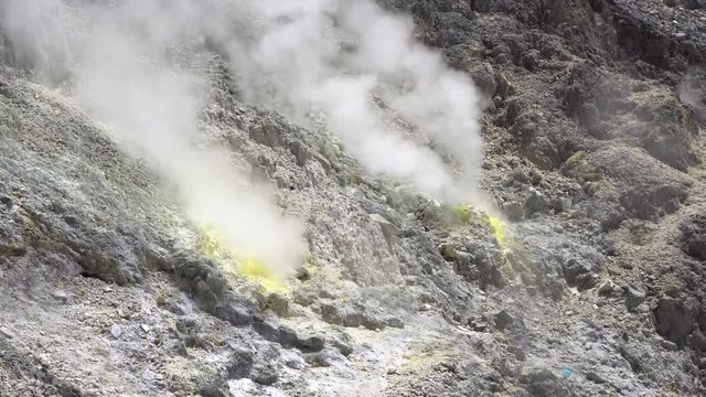 Smoking fumaroles on active Sibayak volcano near Berastagi, North Sumatra, Indonesia