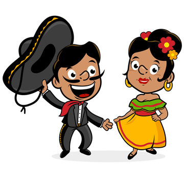 Cartoon Mexican Mariachi Man And Woman. Vector Illustration