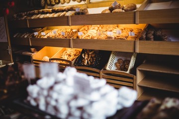 Various sweet foods in bakery shop