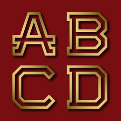 A, B, C, D gold angular letters with shadow. Trendy and stylish golden font.