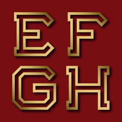 E, F, G, H gold angular letters with shadow. Trendy and stylish golden font.