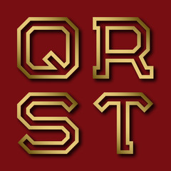 Q, R, S, T gold angular letters with shadow. Trendy and stylish golden font.