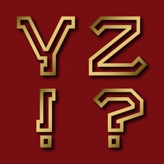 Y, Z gold angular letters, exclamation and question marks with shadow. Trendy and stylish golden font.
