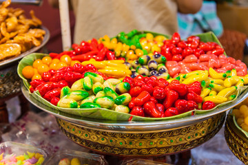 Thailand dessert of green peanut in jelly; colourful asian sweet food and snack