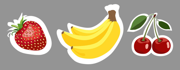 Set of vector colorful fruits stickers on gray.