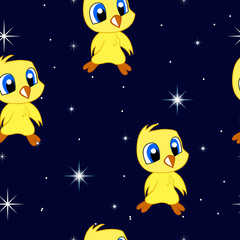 Seamless pattern of cute chicks on a background of the starry night sky. Christmas decorations