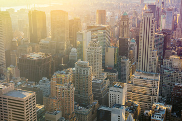 New York City skyline with urban skyscrapers at sunrise, Manhatt