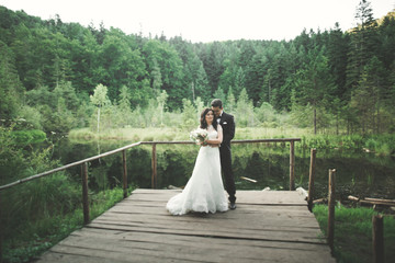 Charming bride, elegant groom on landscapes of mountains and sunset at lake. Gorgeous wedding couple