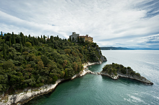 View of Castle duino, in the background the Gulf of Trieste. Italy.