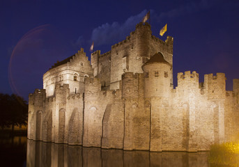 castle gravensteen in the old city of Ghent in the dark at night