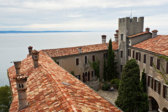 Top view of Castle duino, in the background the Gulf of Trieste. Italy.