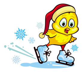 Cute chicken ice skating. Vector clip art.