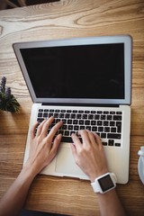 Hands of woman using laptop