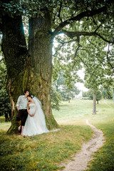 the bride and groom near old wood in summer, beautiful background