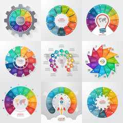 Set of 9 circle infographic templates with 11 options, steps, parts, processes. Business concept for graphs, charts, diagrams. Vector illustration. - obrazy, fototapety, plakaty