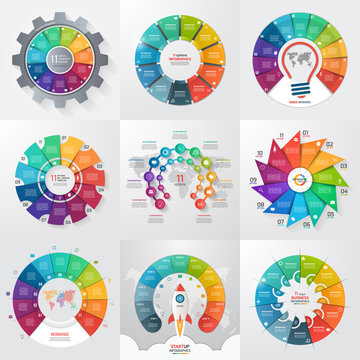 Set of 9 circle infographic templates with 11 options, steps, parts, processes. Business concept for graphs, charts, diagrams. Vector illustration.
