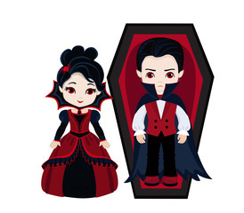 Charming couple of vampires. Boy and girl in vampire costume.