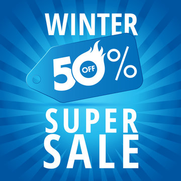 Winter super sale. Winter super sale background with blue realistic tag 50% off vector banner. Abstract isolated graphic web design template. Creative idea