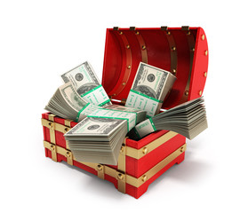 pack of dollar bills inside a red wooden chest 3d render on a wh