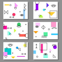 Set of artistic colorful universal cards. Memphis style. Wedding, anniversary, birthday, holiday, party. Design for poster, card, invitation. Vector illustration