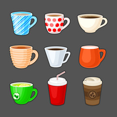 Set of colorful cups with different drinks. Cup of coffee, tea, green tea, milk, cappuccino, latte, espresso, cocoa, soda, coffee to go. Vector illustration.