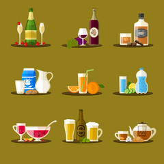 Different drinks with bottles, glasses and snacks. Champagne, wine, whiskey, milk, juice, water, punch, beer, tea. Vector beverages icon set. Flat design.