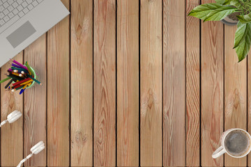 Top view wooden desk with laptop, flower, headphones, cup of coffe. 3d render.