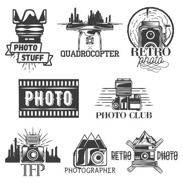 Vector photography theme set in vintage style. Monochrome logo, banner, badges or emblems for photo studio. Isolated illustration