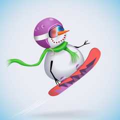 Snowman flying on a snow board. Winter fun. Vector illustration.