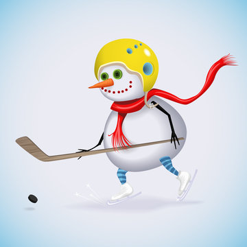 Snowman in a yellow helmet playing hockey. Winter fun. Vector illustration.