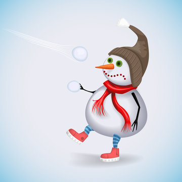 Surprised Snowman playing snowballs. Winter fun. Vector illustration.
