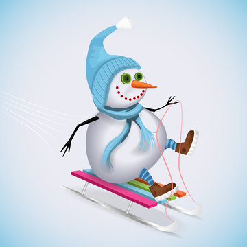 Happy snowman sledding. Winter fun. Vector illustration.